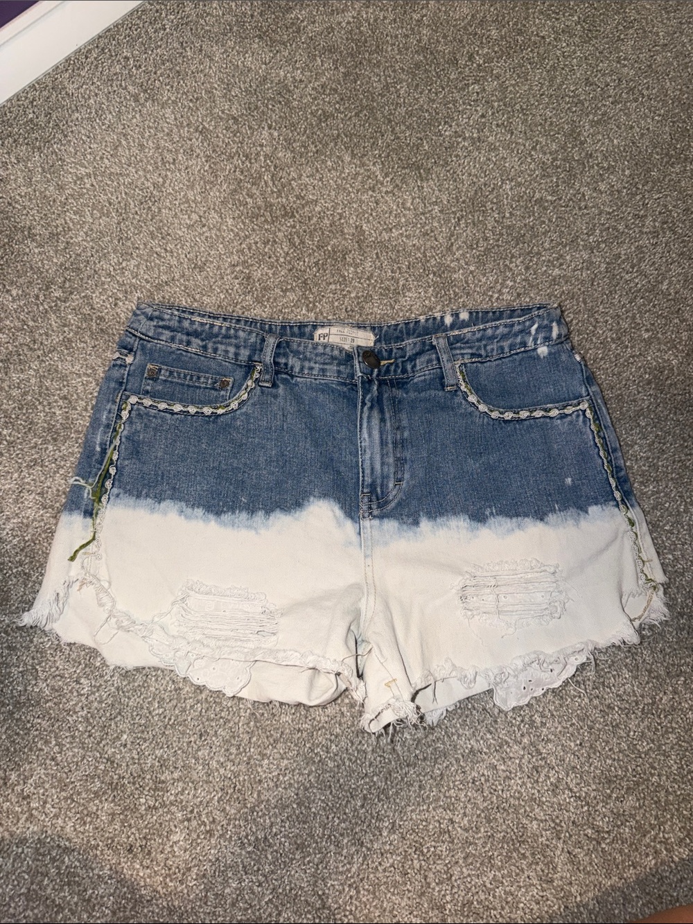 Free People Blue & White Dip-Dye Distressed Denim Shorts